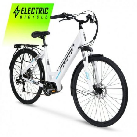 Hyper Bicycles E-Ride 700C 36V Electric Commuter E-Bike for Adults, Pedal-Assist, 250W Mid-Drive Motor, Matte White