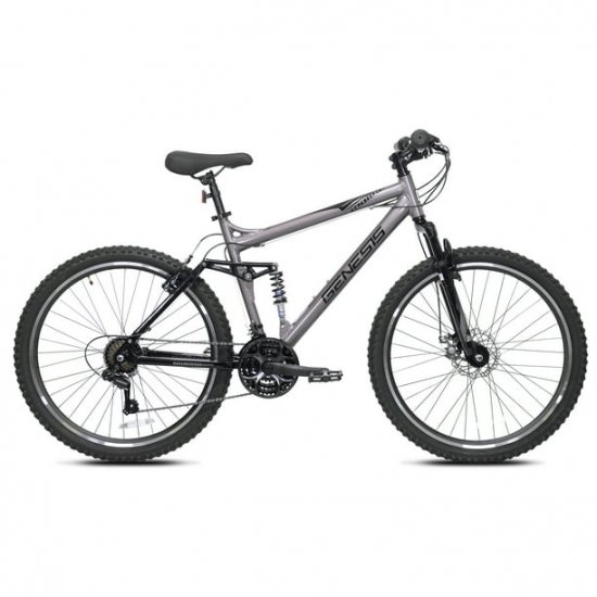 Genesis 26-inch Malice Men\'s Aluminum Full Suspension Mountain Bicycle, Metallic Gray