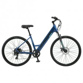 Schwinn 700c Wanderlust Unisex Electric Hybrid Bike, Matte Blue, 250w Motor, Step Thru Ebike for Adults