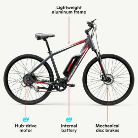 Schwinn 700c Armature Unisex Electric Bike, Black and Red Ebike for Adults, Large Frame