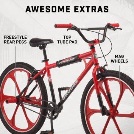 Mongoose 26 In. Grudge Mag BMX Freestyle Bike, Single Speed, Red / Black