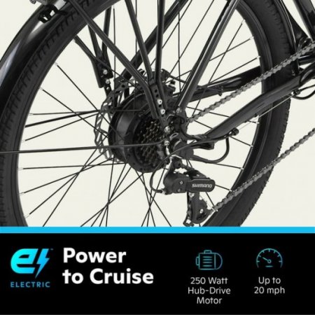 Schwinn 26" EC1 Low Step Cruiser Electric Bike for Adults, 7 Speeds, 250w Motor, Black Ebike