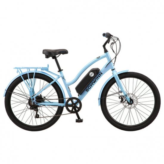 Schwinn 26\" EC1 Electric Cruiser Bike for Adults, 7 Speeds, 250w Motor, Blue Ebike