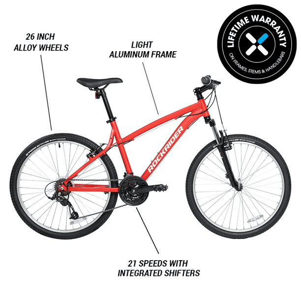 Decathlon Rockrider ST50, 21 Speed Aluminum Mountain Bike, 26", Unisex, Red, Medium